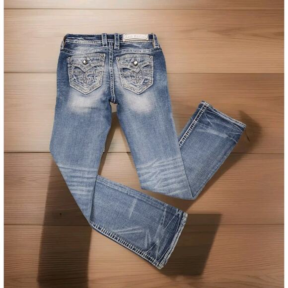 Rock Revival Rhinestone Flap Pocket Fay Mid-Rise Bootcut Jeans Size 26 W 28×30 - Picture 1 of 10